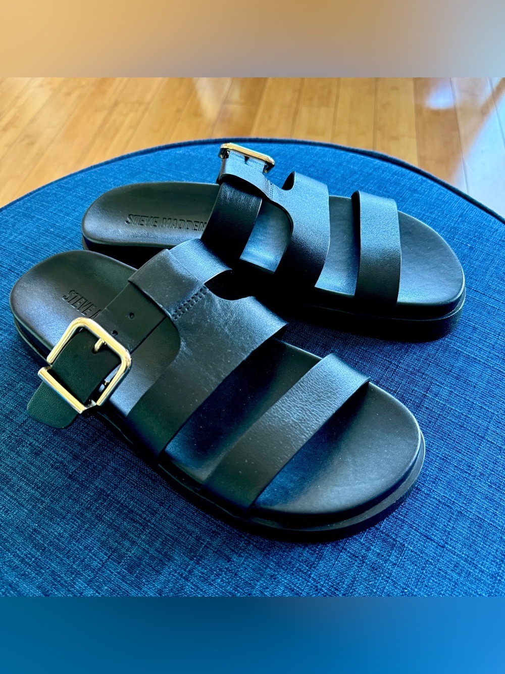 Steve Madden Black Triple-Strap Slide Sandals with Gold Buckle Detail